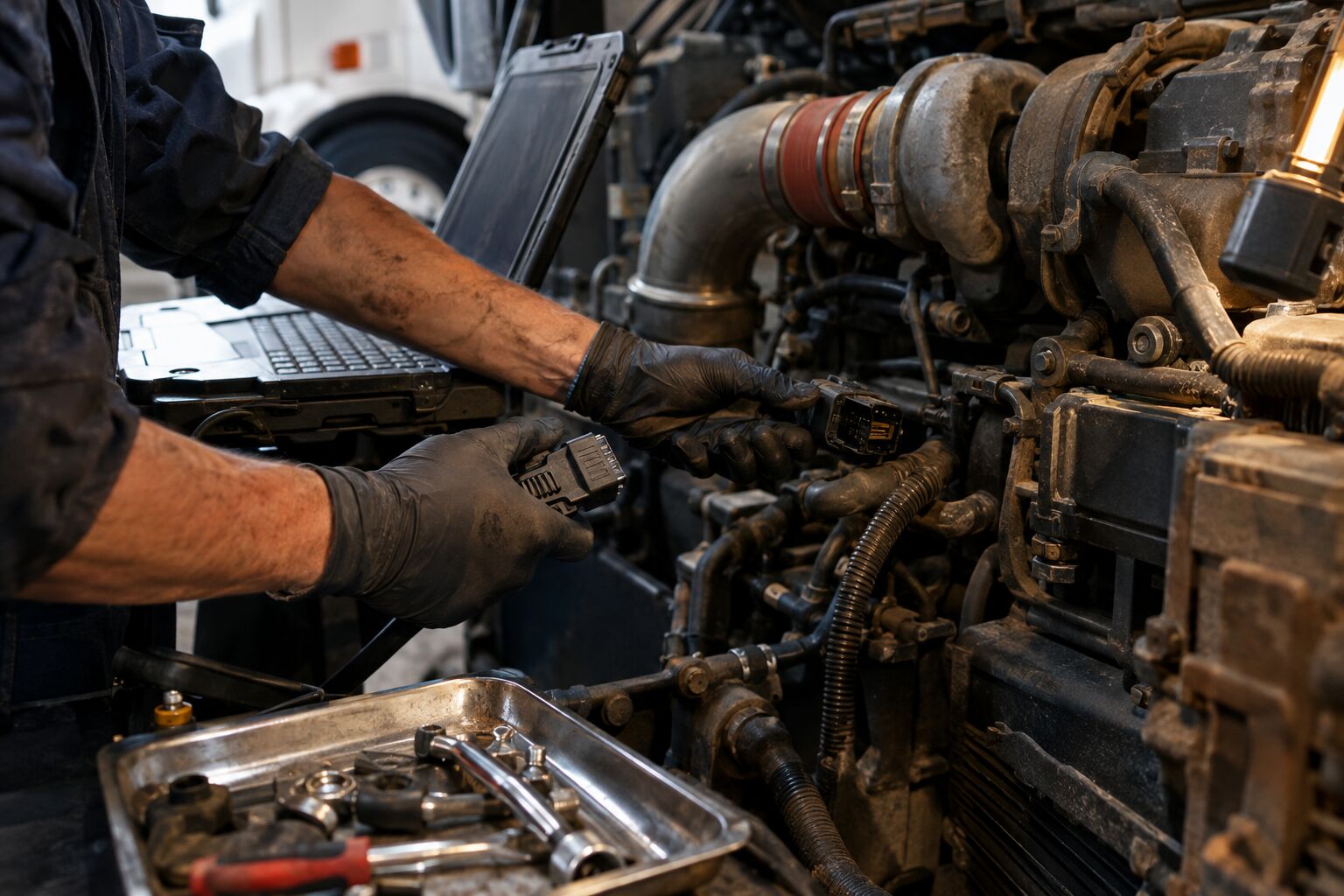 Mechanic connecting a diagnostic laptop to a heavy-duty truck engine